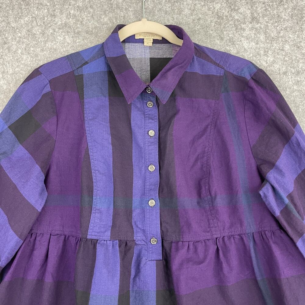 Burberry Brit Shirtdress Dress Womens XL Purple Plaid 3/4 Sleeve Cotton Pocket - Picture 2 of 15